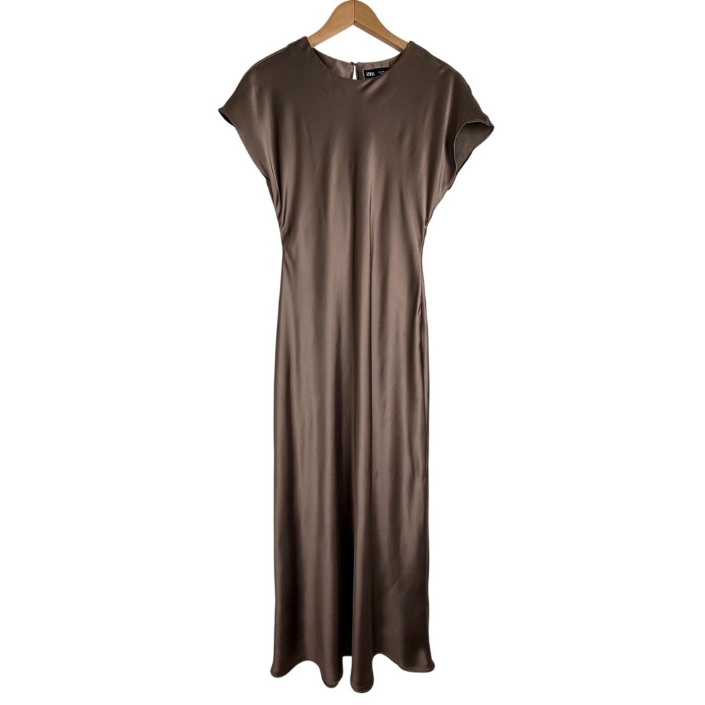 Zara Bronze Brown Satin Midi Dress Cap Sleeve Size L 8868/305/742